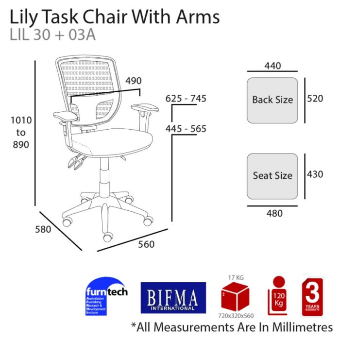 MA Lily Task Chair - Chrome Base with Arms